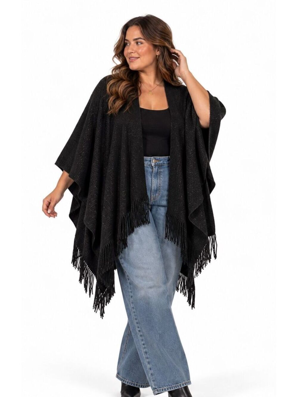 Black Metallic Knit Ruana Poncho Fringe Wrap Shawl Boho Evening Holiday Womens